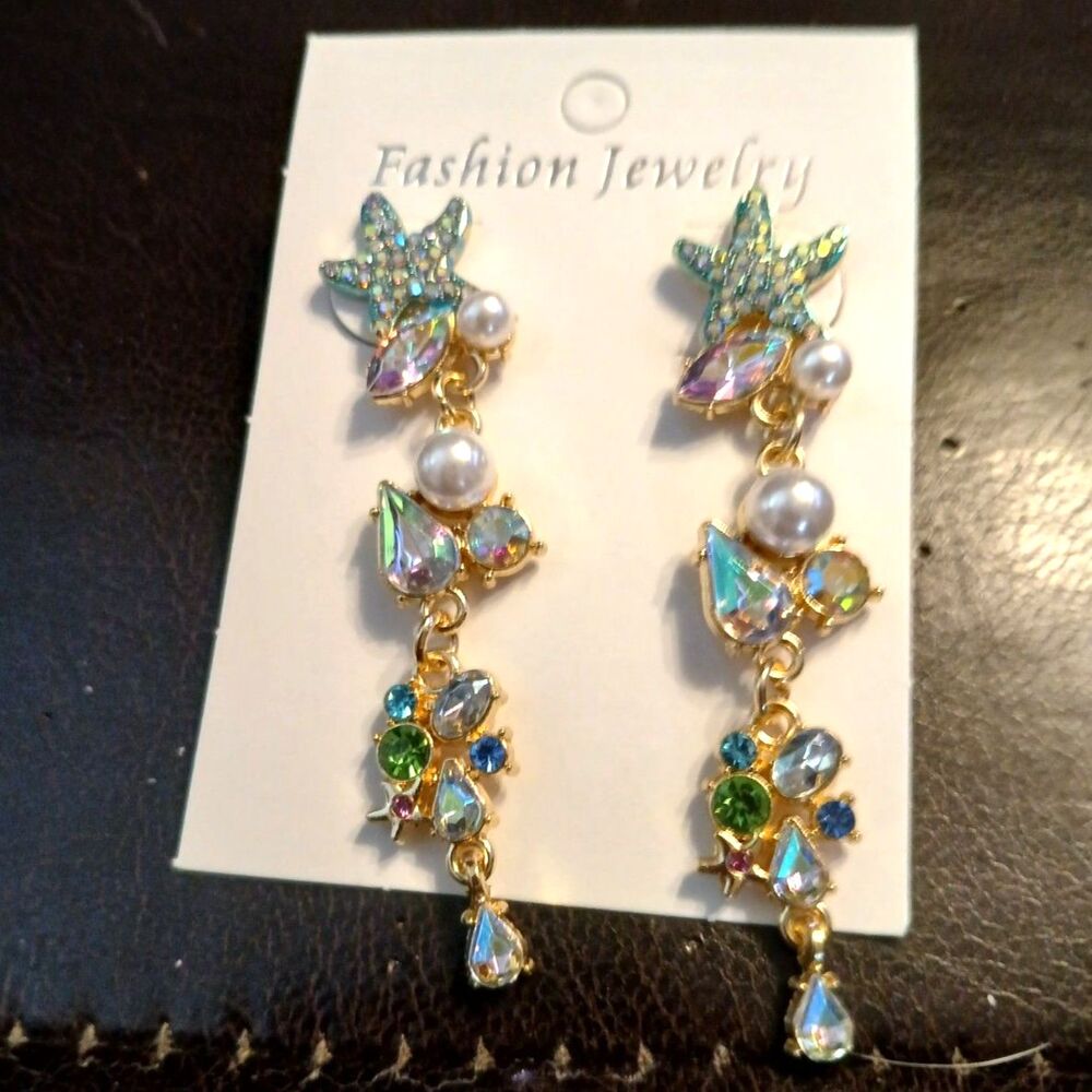 Blue Starfish, Stones, & Pearls Dangle Earrings - Picture 2 of 4